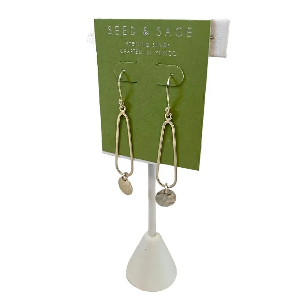Seed & Sage Hammered Silver Toned Long Drop Small Disc Earrings.